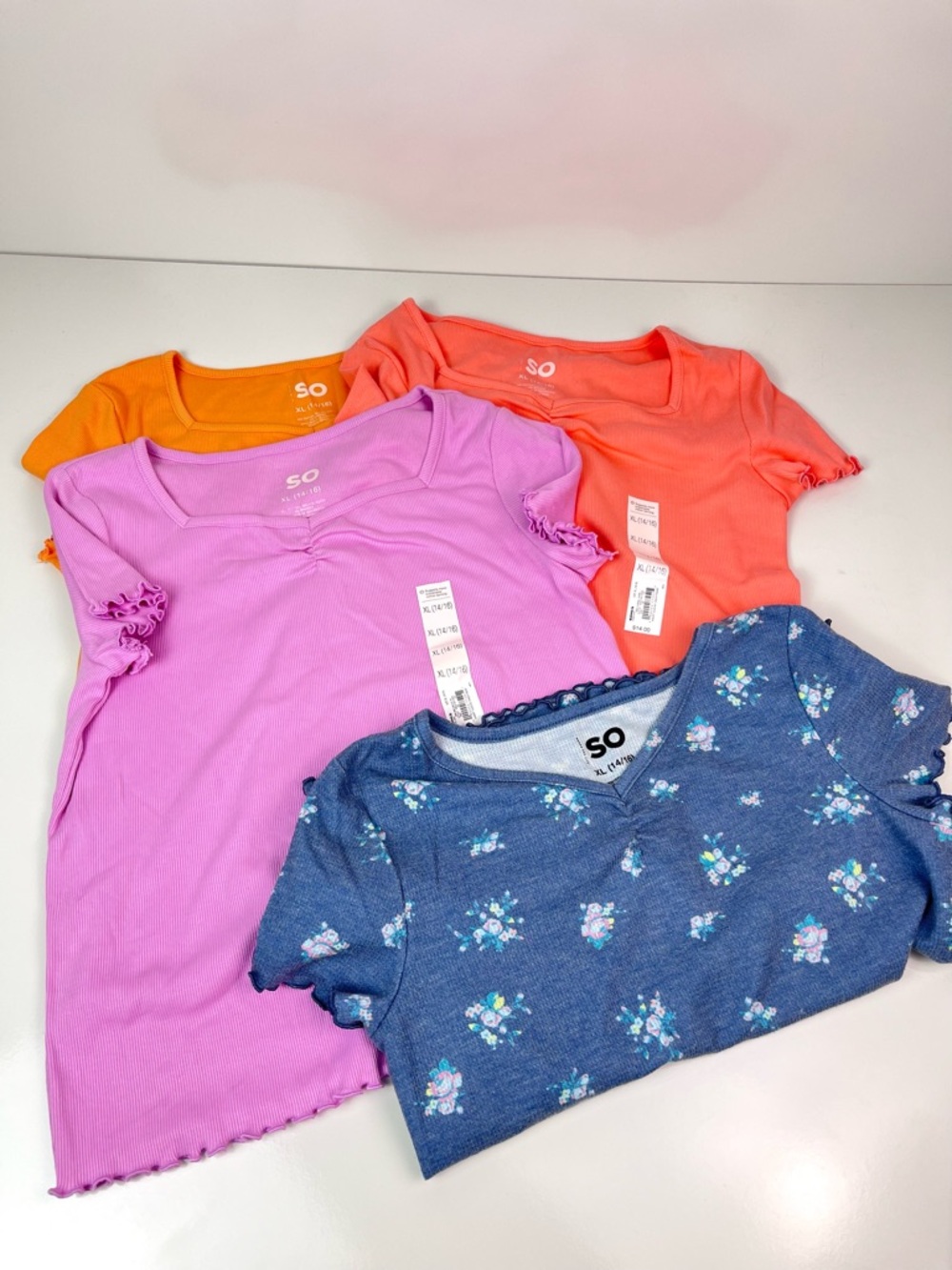SO Kids Girls Bundle of 4 Ribbed Cinched Shirts Ruffle Sleeve Sz XL 14-16